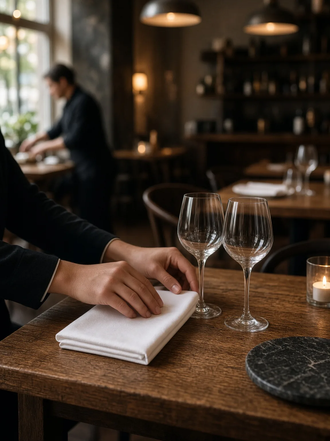 Warmly lit neighborhood restaurant dining room with a carefully set table.