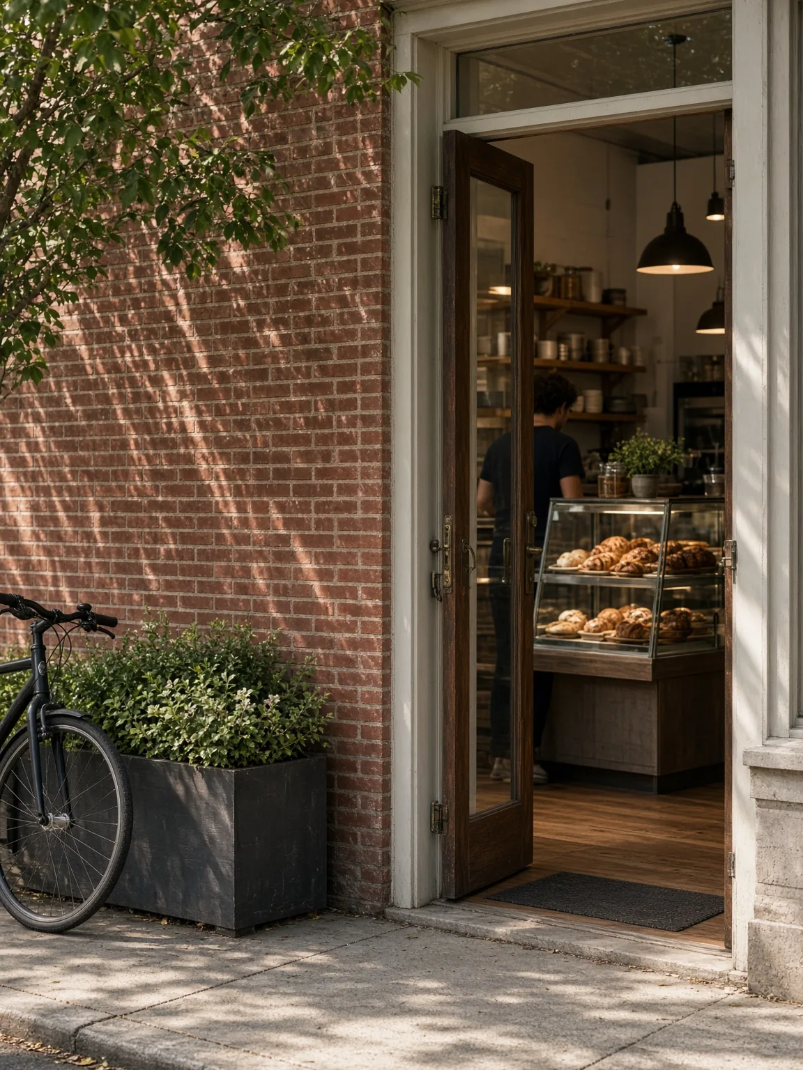 An open bakery door on a sunlit brick street, with pastries in a glass case inside and a bicycle beside a planter.