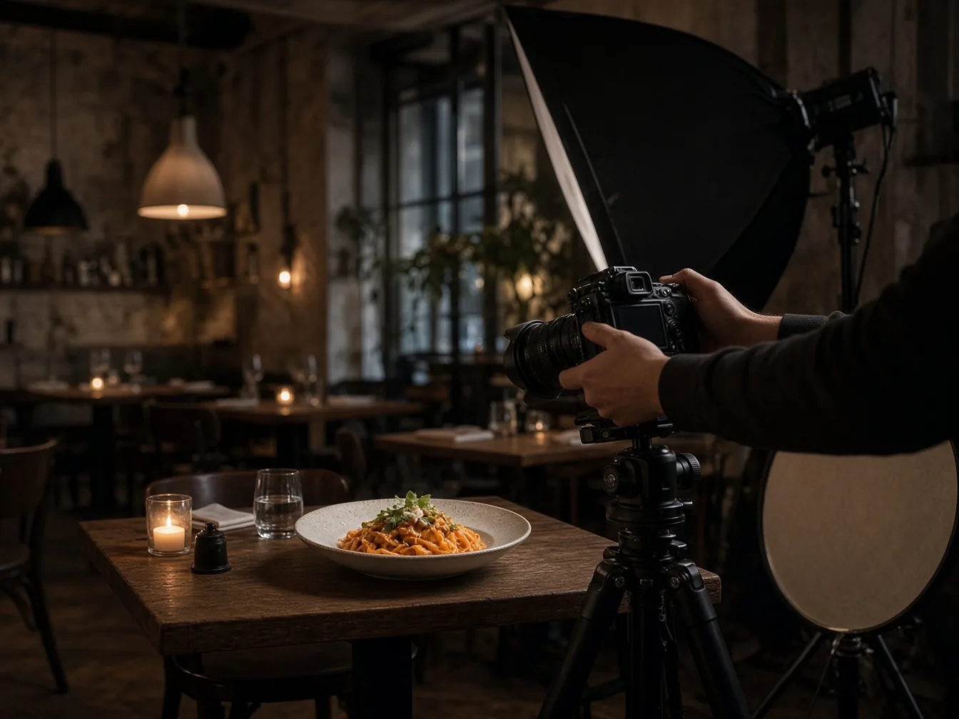 A photographer on a tripod shoots a plated pasta dish in a dim restaurant, with a softbox and reflector beside the table.