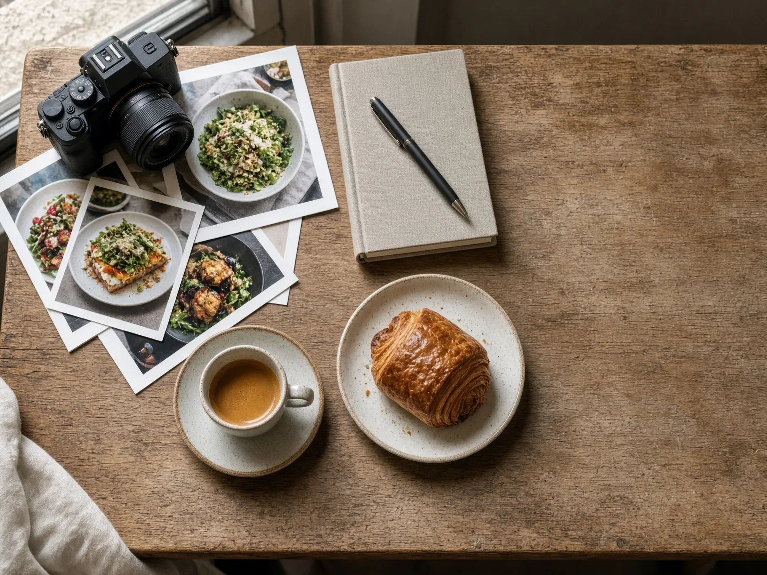 Printed food photos, a camera, a notebook, an espresso and a pastry laid out on a wooden table.