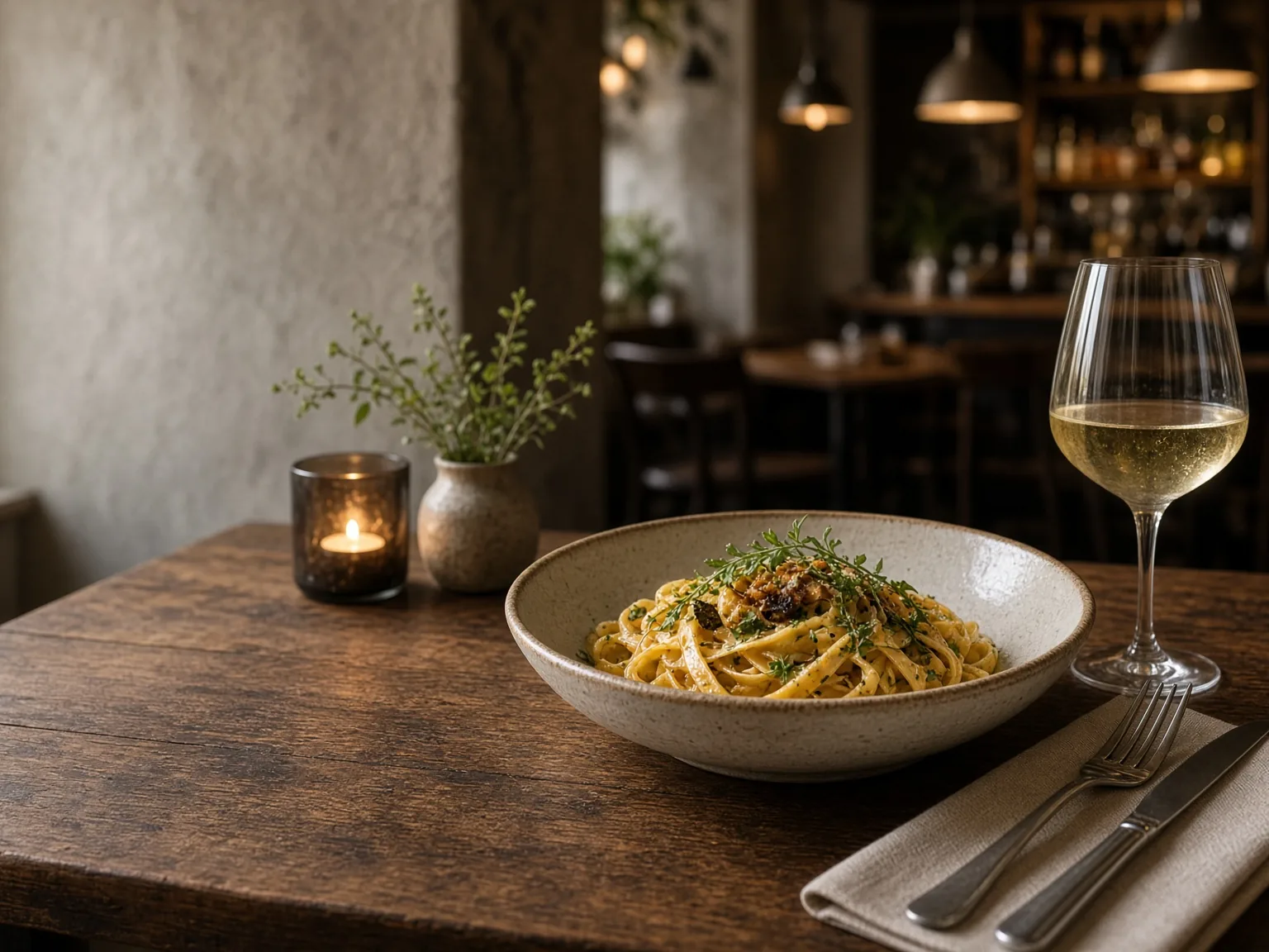 Fresh pasta with herbs on a table beside a glass of white wine, presented as an illustrative opening-campaign photograph.