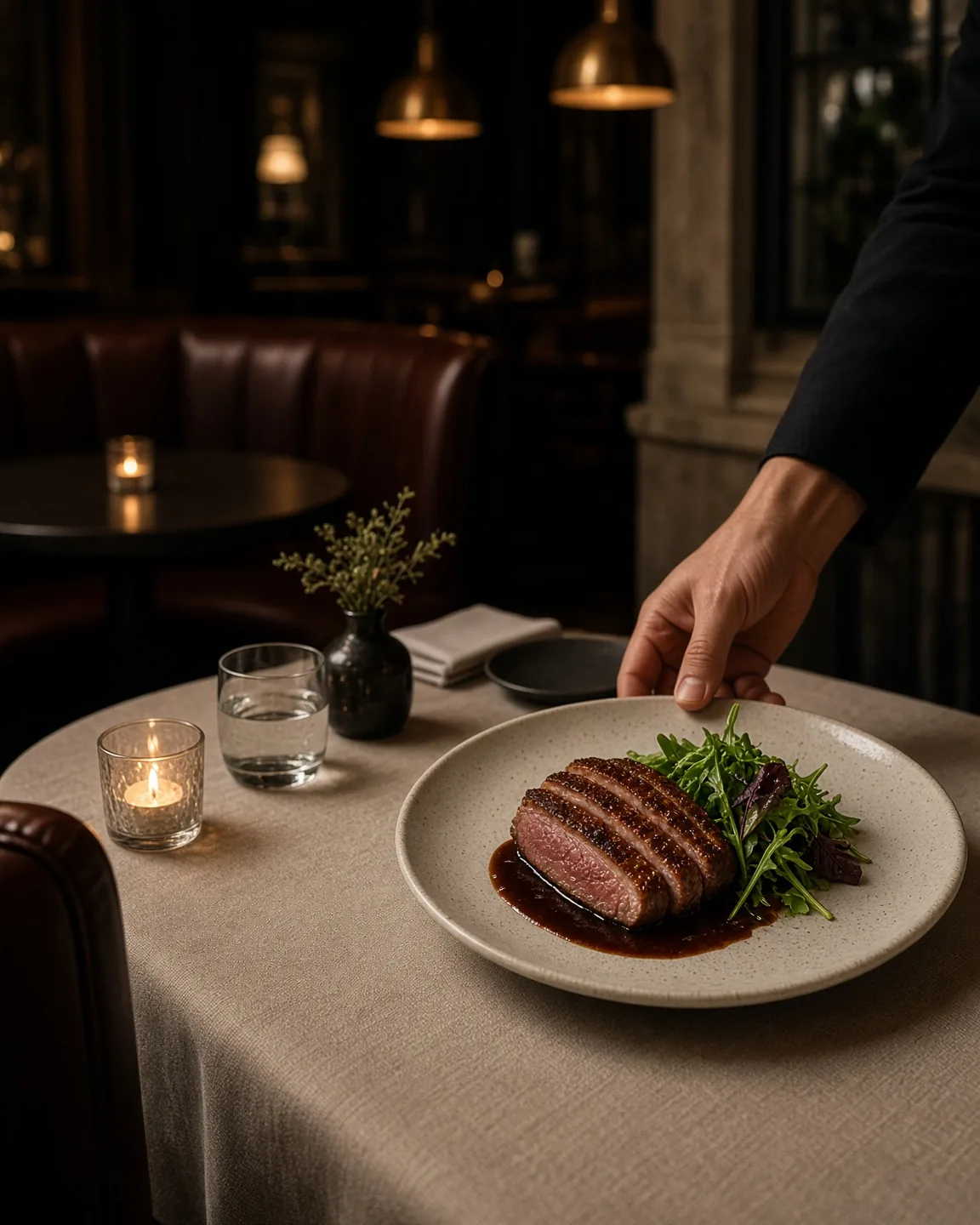 A server carefully presents a plated restaurant entrée in an intimate dining room.