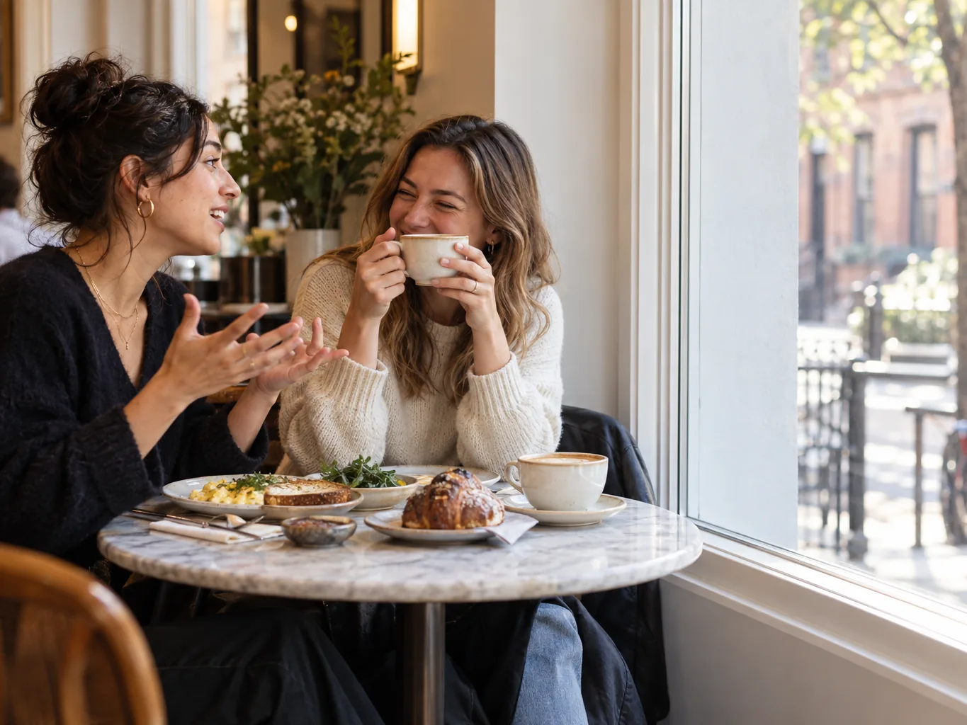 Two friends share coffee and brunch by a café window overlooking a New York neighborhood street.