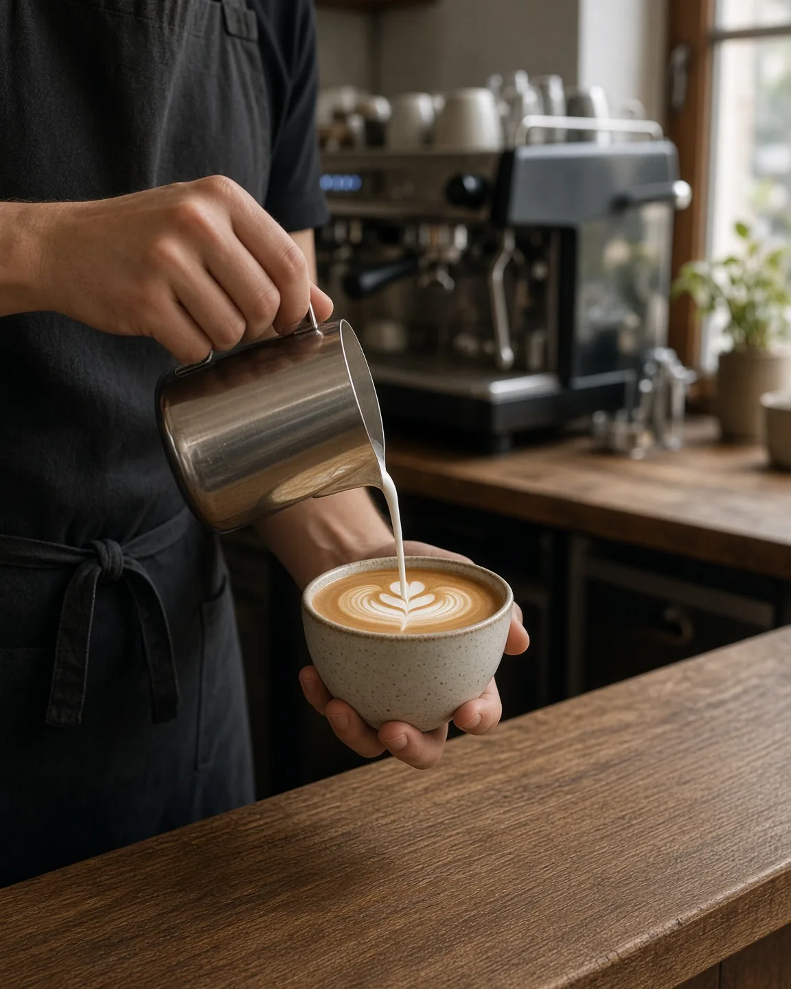 A barista pours steamed milk into a latte at a neighborhood café counter.