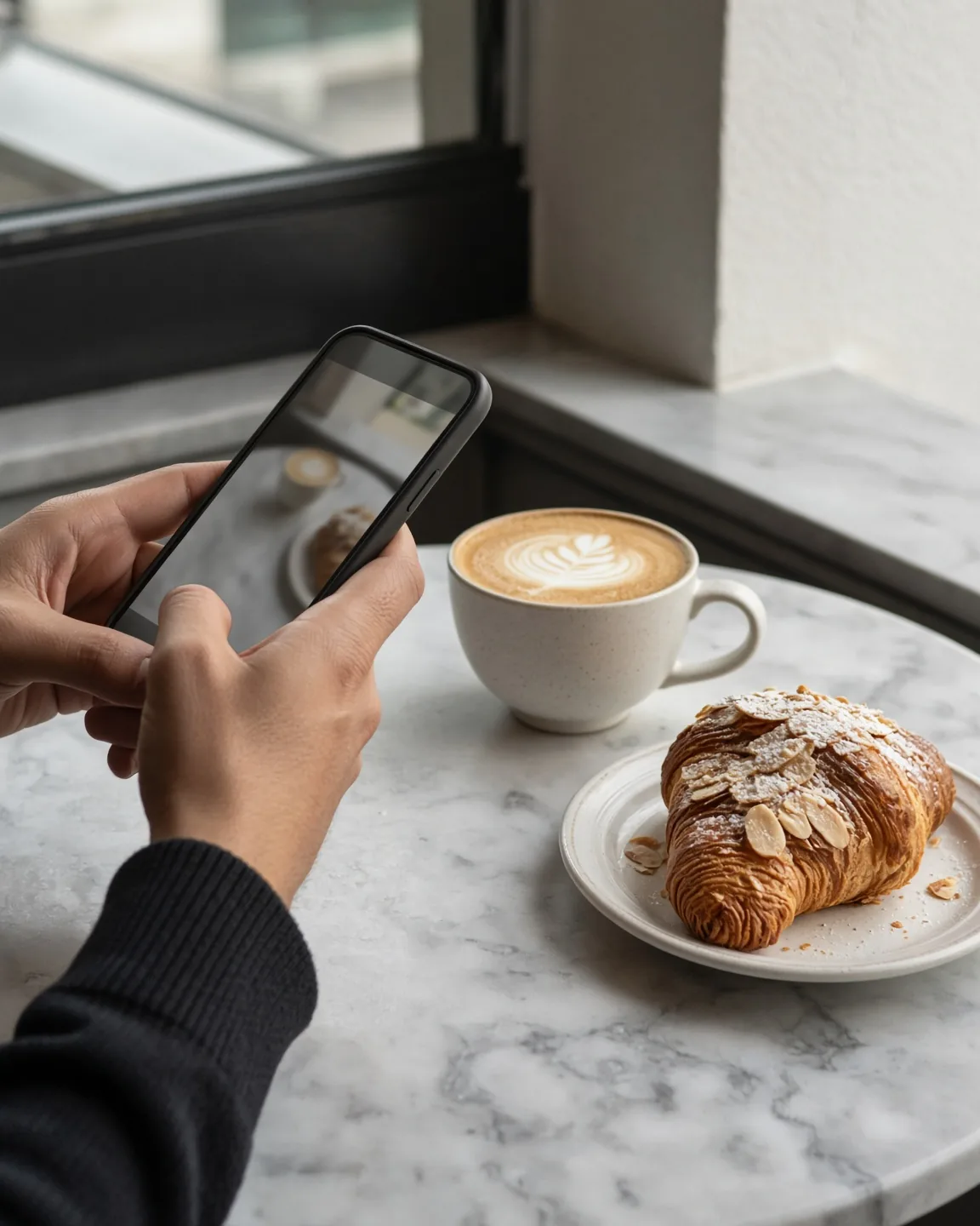 A guest photographs a latte and an almond croissant with a phone at a marble café table.