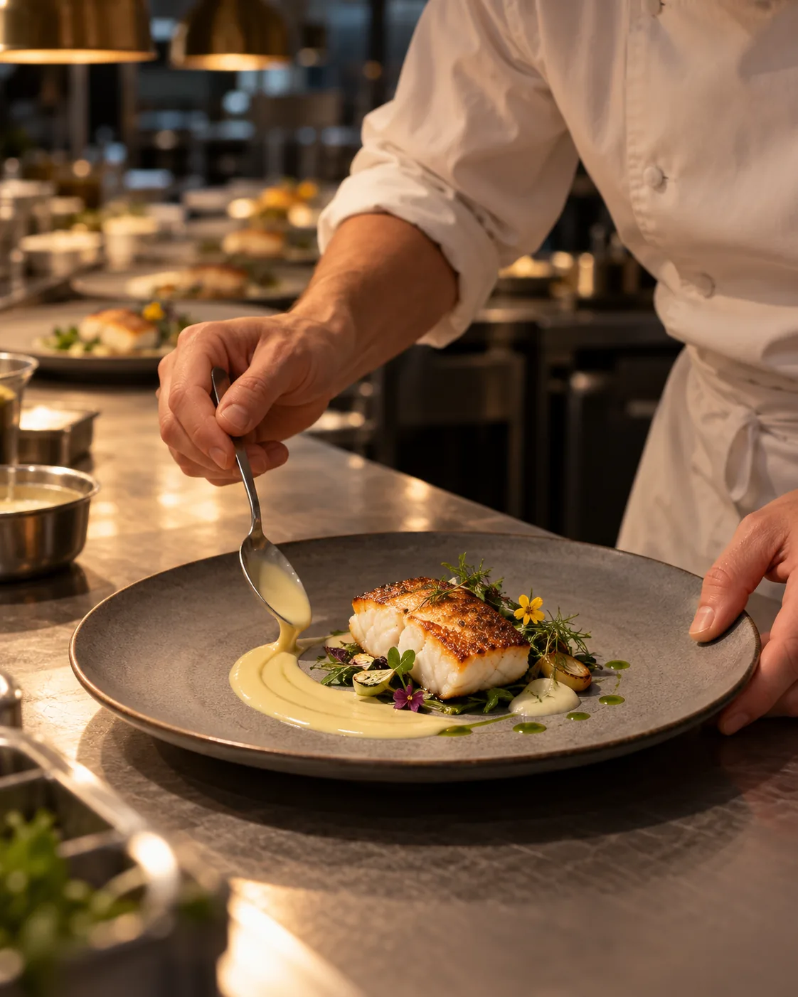 A chef spoons sauce beside a seared fillet of white fish garnished with herbs and edible flowers.