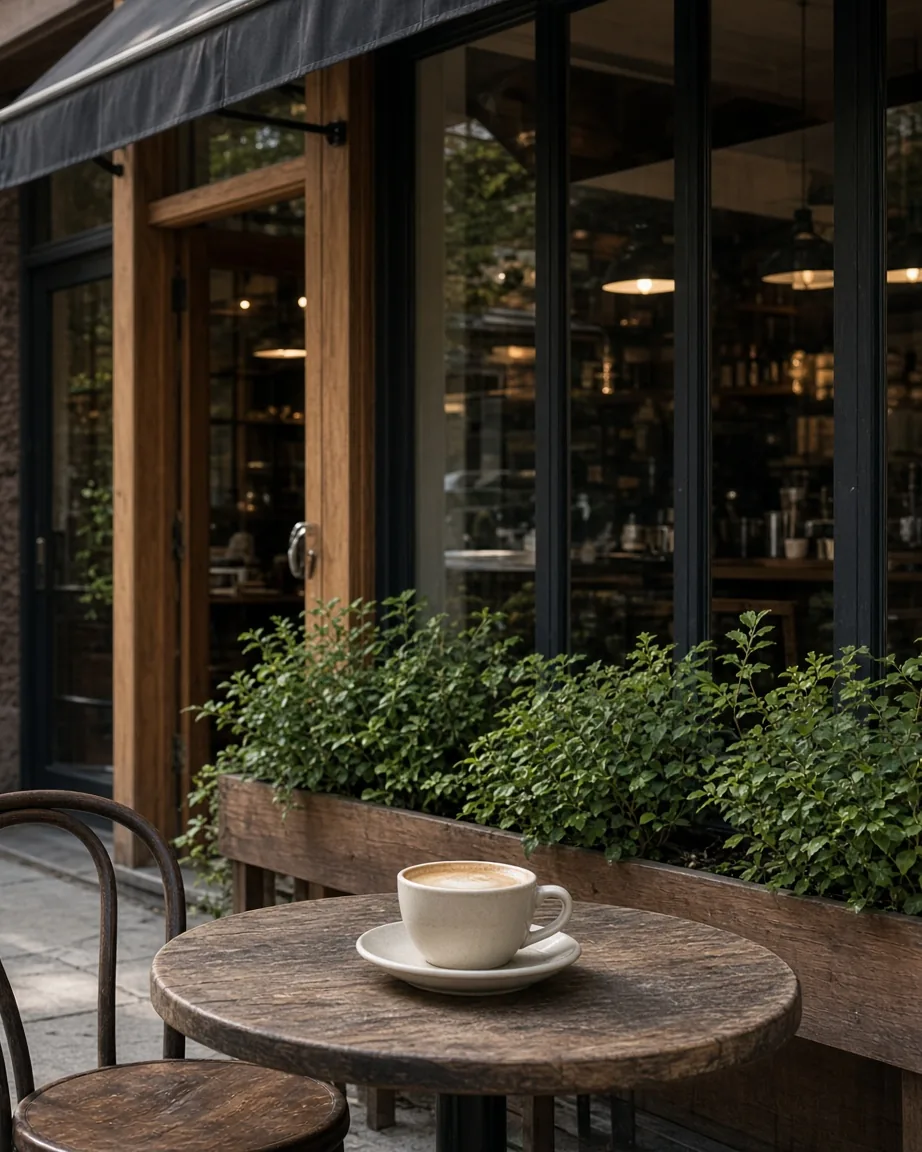 A cup of coffee on a small round table outside a café, beside a planter box under a dark awning.