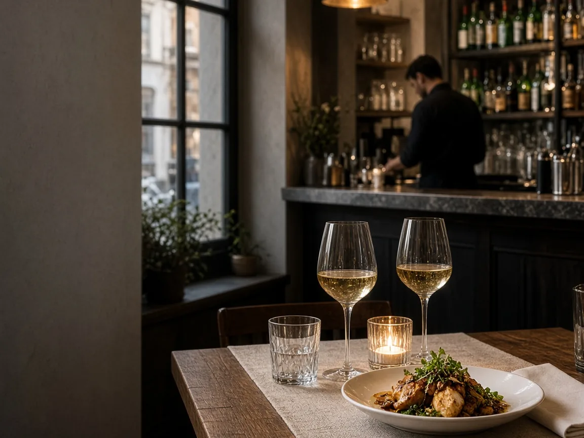 Two glasses of white wine, a candle and a plated dish on a table by a window, with a bartender working behind the bar.
