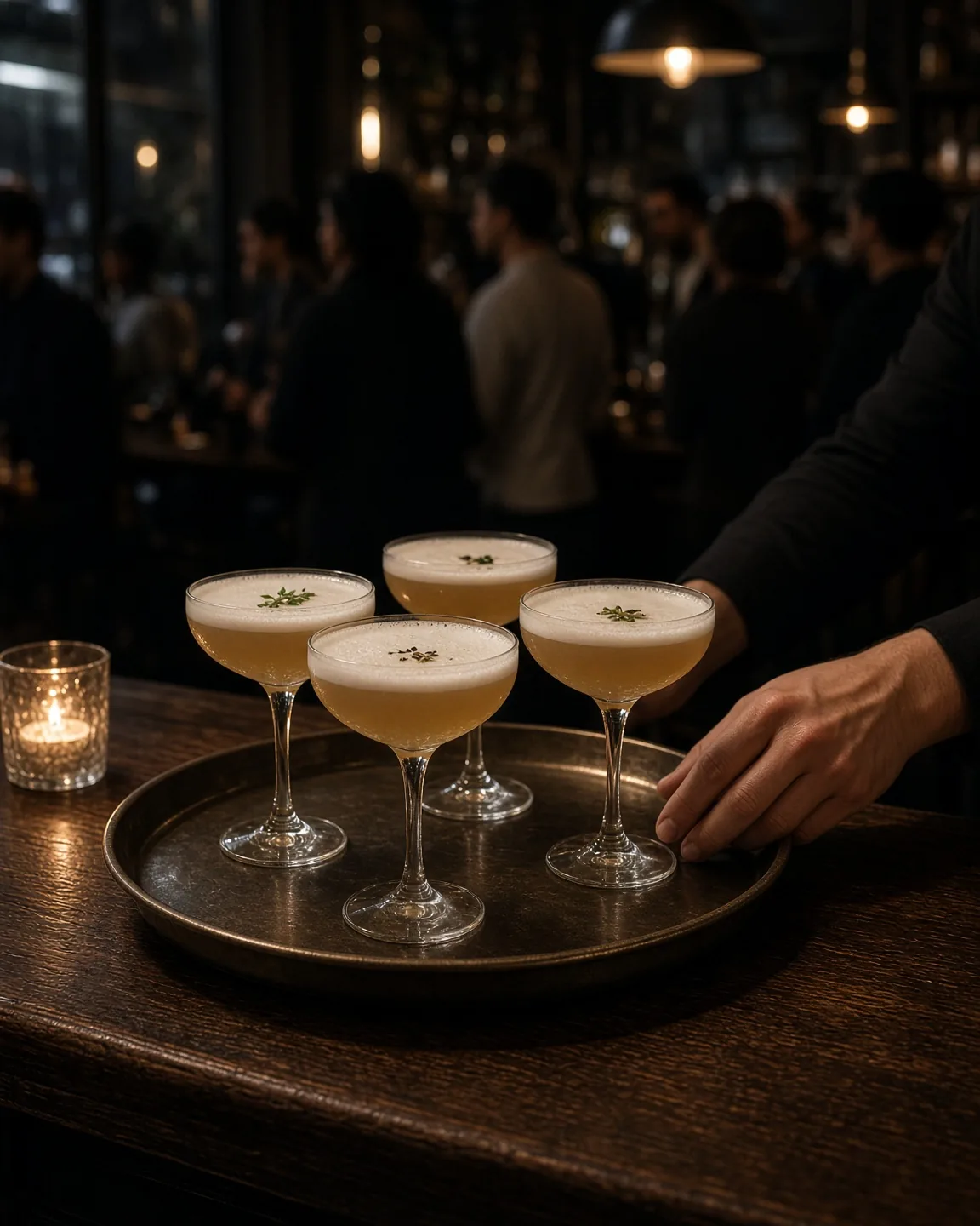 A server's hand on a tray of four foam-topped cocktails on a bar, with an evening crowd behind.